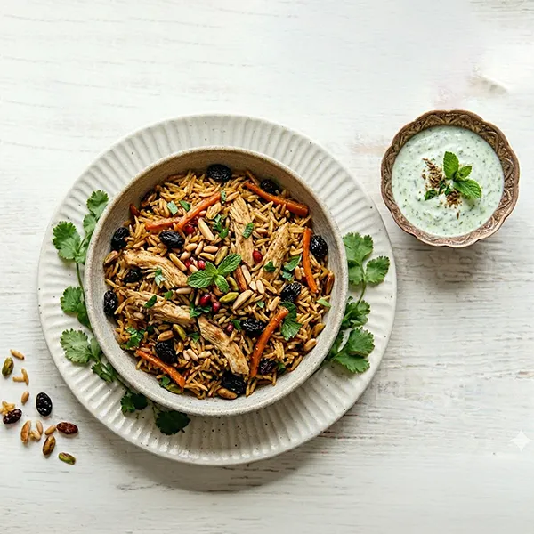Afghani Chicken pulao With Mint Yogurt